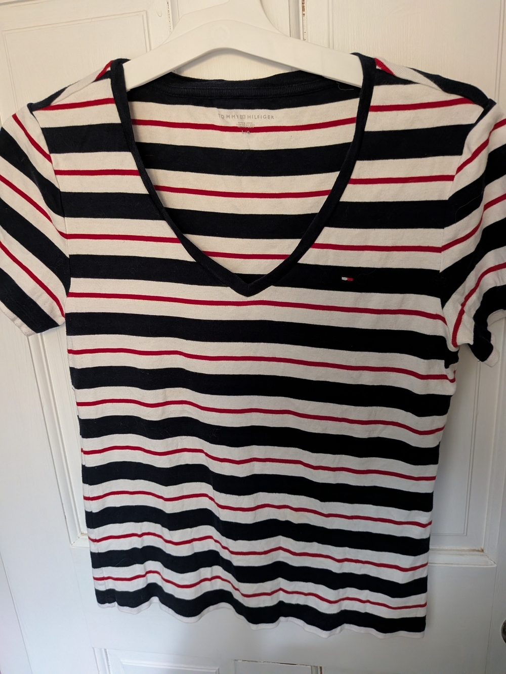 Tommy Hilfiger Women's Navy, White & Red Striped V-Neck Tee